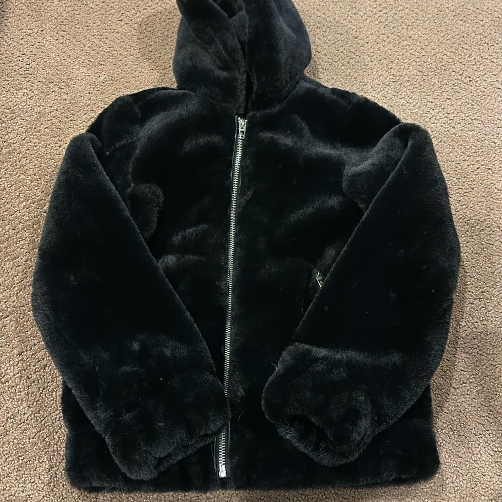 BLANK NYC Girls Black Faux Fur Zipper Hooded Jacket Size S